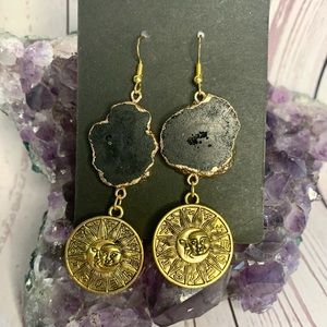 Black Electroplated Gold Druzy Geode Zodiac Sun and Moon Astrology Earrings